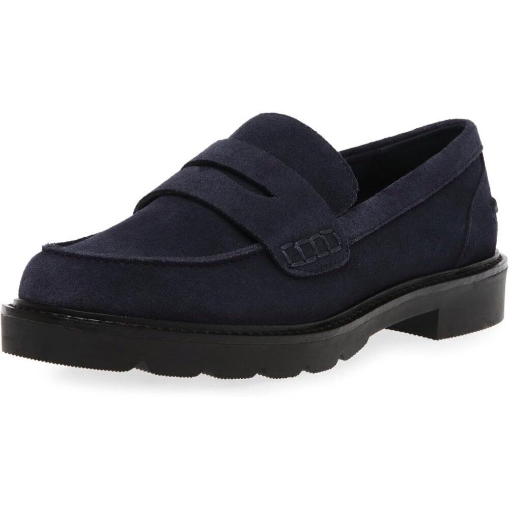 Anne Klein Womens Navy Rubber Low Chunky Heel Rounded Toe Emmylou Loafer Flat